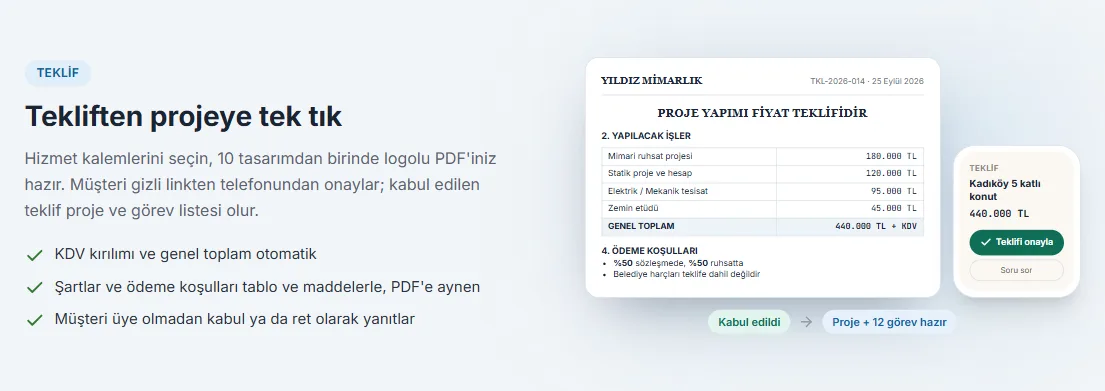 Tekliften projeye tek tık